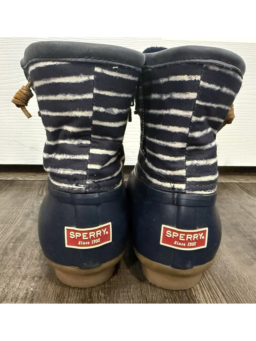 Sperry Saltwater Duck Boots Women’s Size 7 Navy Rubber Stripe Canvas Waterproof